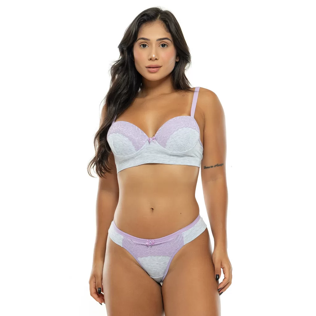 Conjunto Conforto Algodão Mescla Sutiã Com Bojo Lingerie Calcinha Fio Duplo Promoção