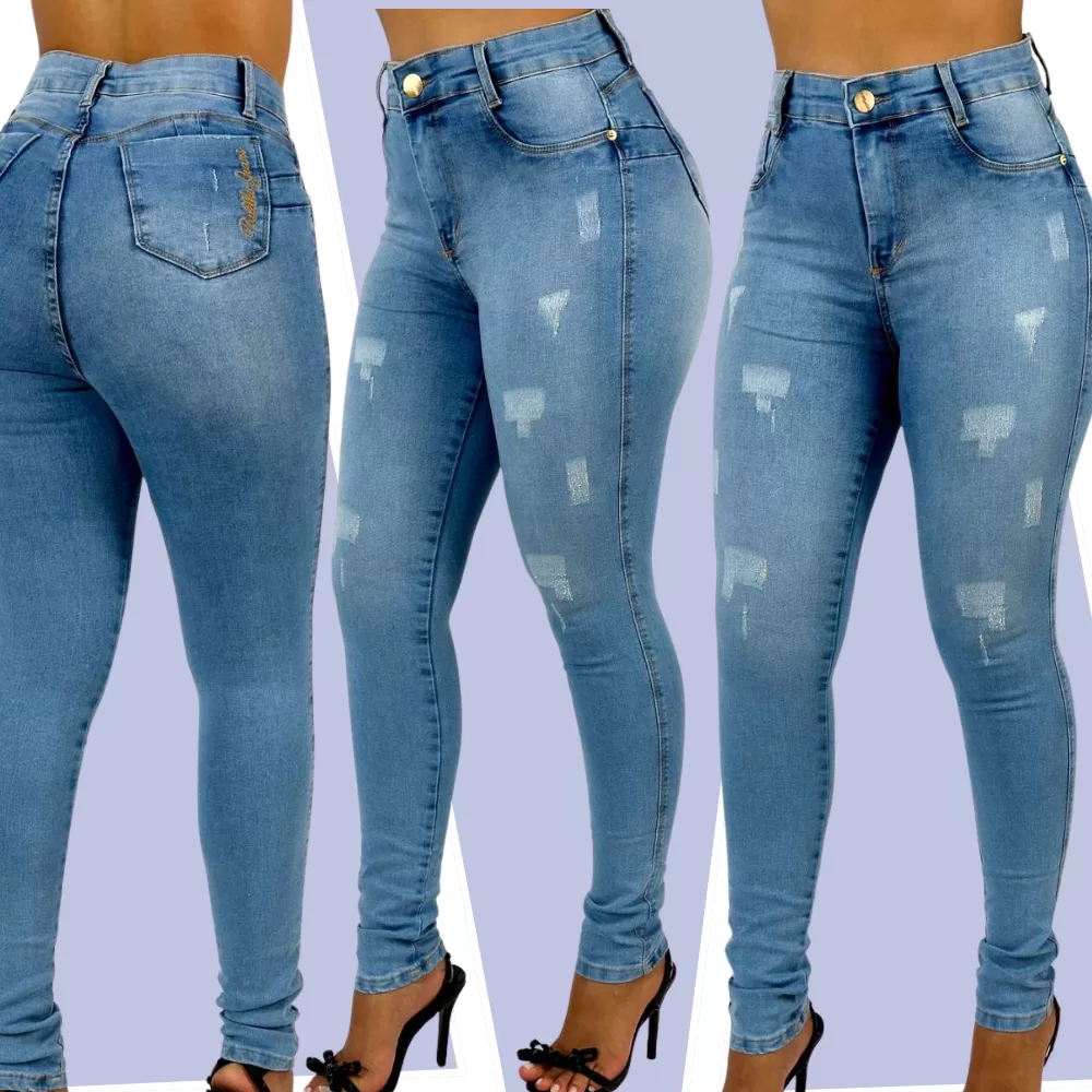 Calça Jeans Feminina Md Skinny Clara Puido Elastano Cintura Alta Efeito Levanta Bumbum
