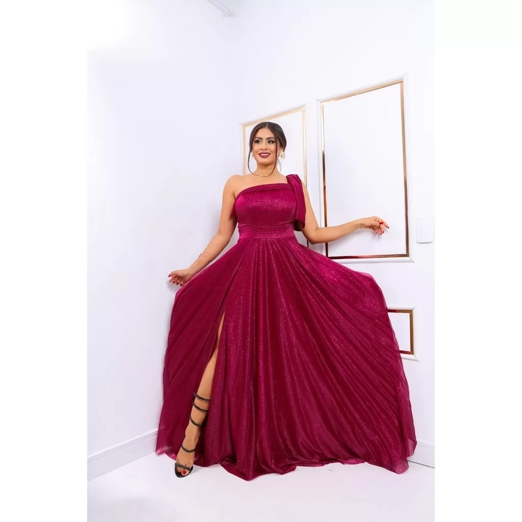 Vestido Feminino Longo de Festa Ombro Só Com Laço Nilda Premium