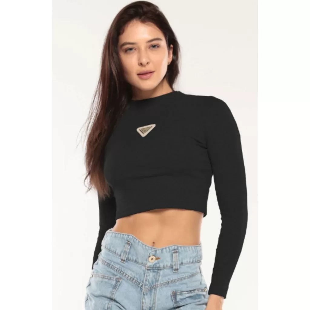 Blusa Feminina Manga Longa Aplique Planet Girls Preto