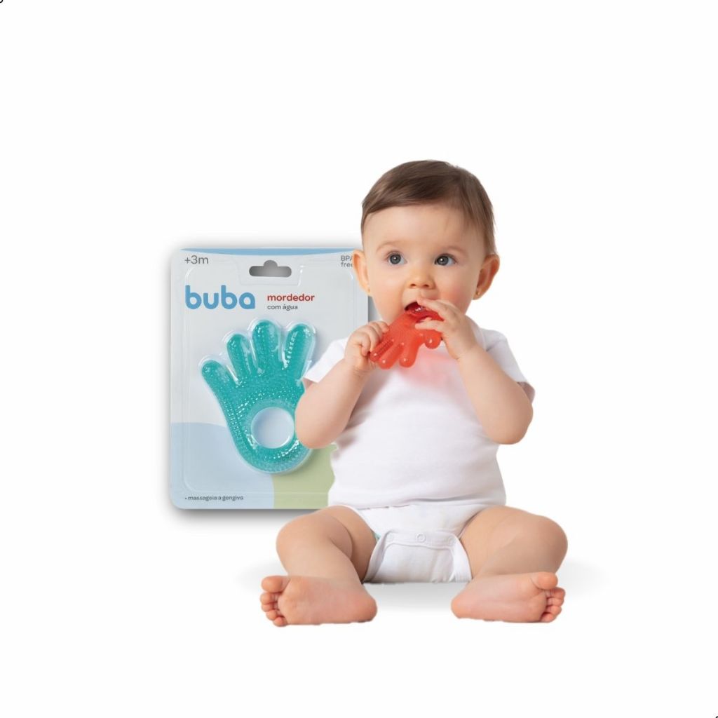 Mordedor de Água Mãozinha Buba Alívio para Gengivas de Bebês Seguro e Divertido Azul Massageador