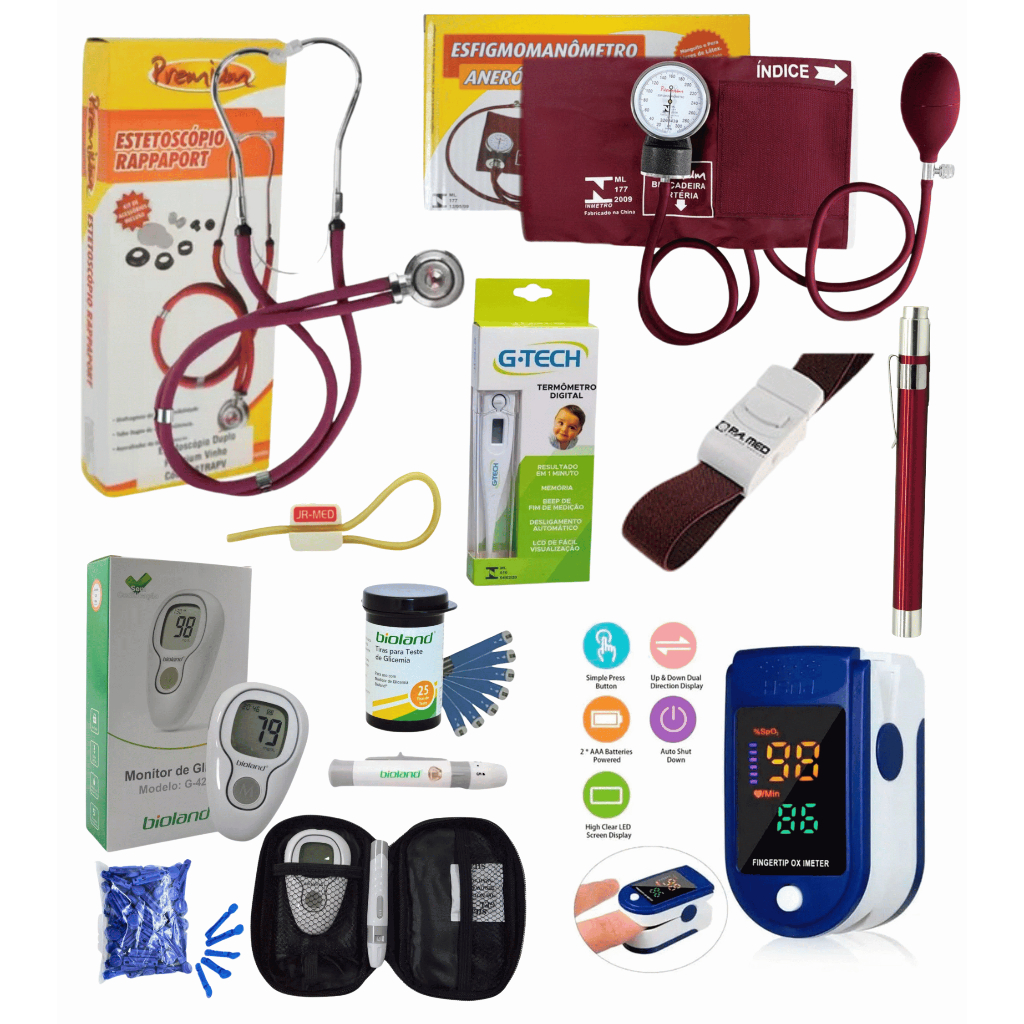 Kit Enfermagem Medicina Fisioterapia Completo Aparelho de Pressão + Estetoscópio Duplo + Oximetro
