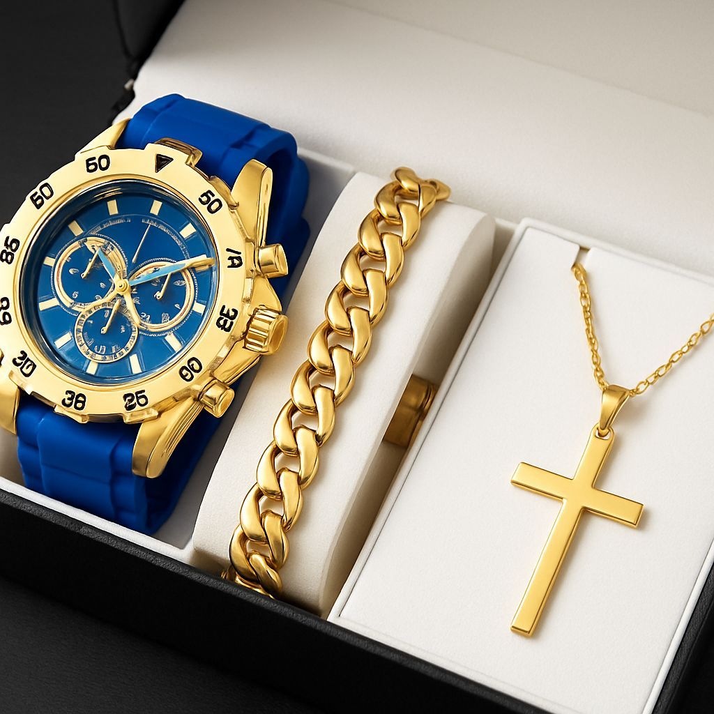 Relógio Masculino Original + Corrente Banhada + Pulseira Premium Para Pai Namorado