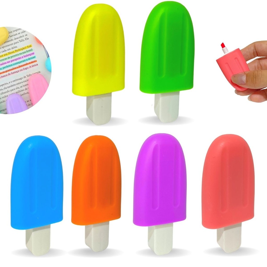 Mini Marca Texto Picolé 6 Cores Pasteis Marcador Escolar