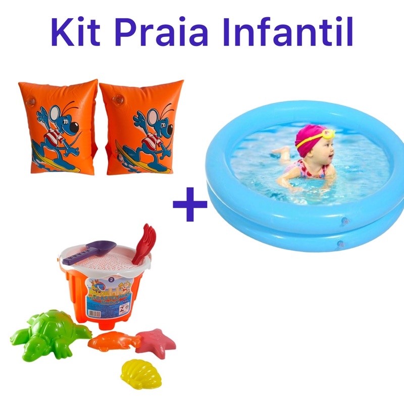 Kit Piscina Inflável 60 cm  + Boia Braço + Baldinho Praia Fundo do Mar