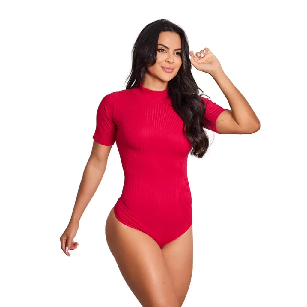 Body Bonito e Elegante com Tecido Canelado Manga Curta Feminino Gola