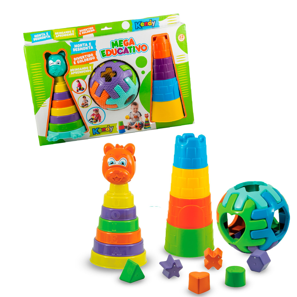 3 Brinquedos para Crianças de 1 ano Menino e Menina Dia das Crianças – Ursinho + Torre + Bola