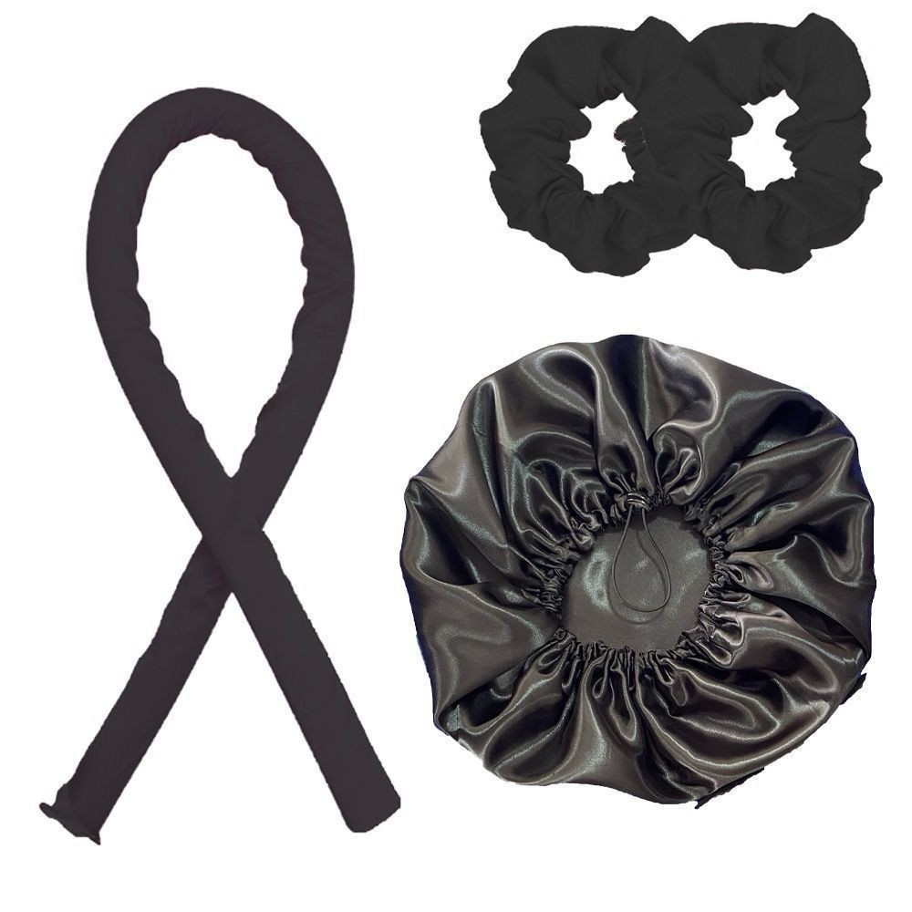 KIT 4 Peças Com Modelador de Cachos Heatless em Cetim + 2 Xuxinha Cetim + Touca Dupla Face – Protege