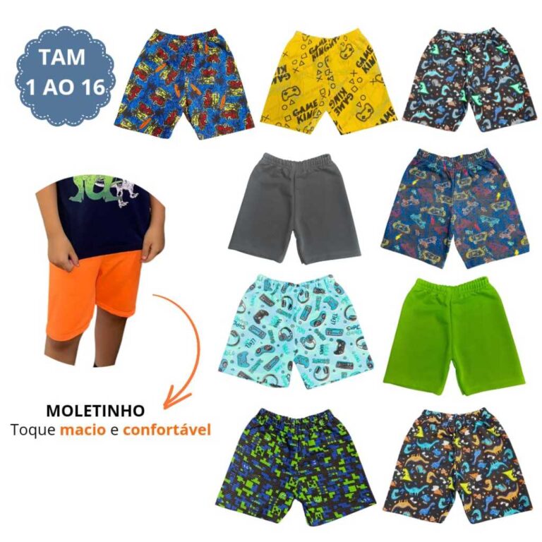 Kit 4 Bermuda Short Infantil Moletom Liso e Estamp