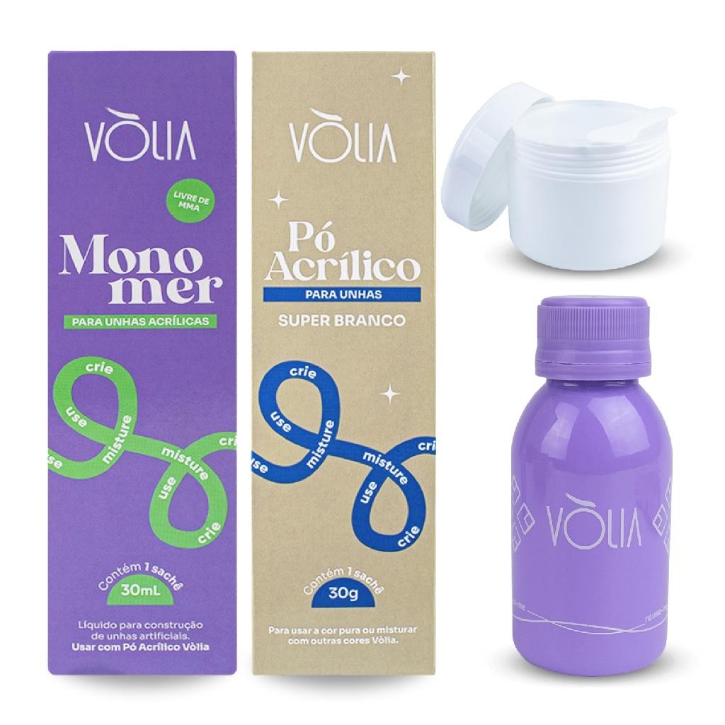 Kit Monomer 30ml + Pó Super Branco Vòlia + Pote Gel + Frasco Unhas Gel Manicure Nail Art Nail Design