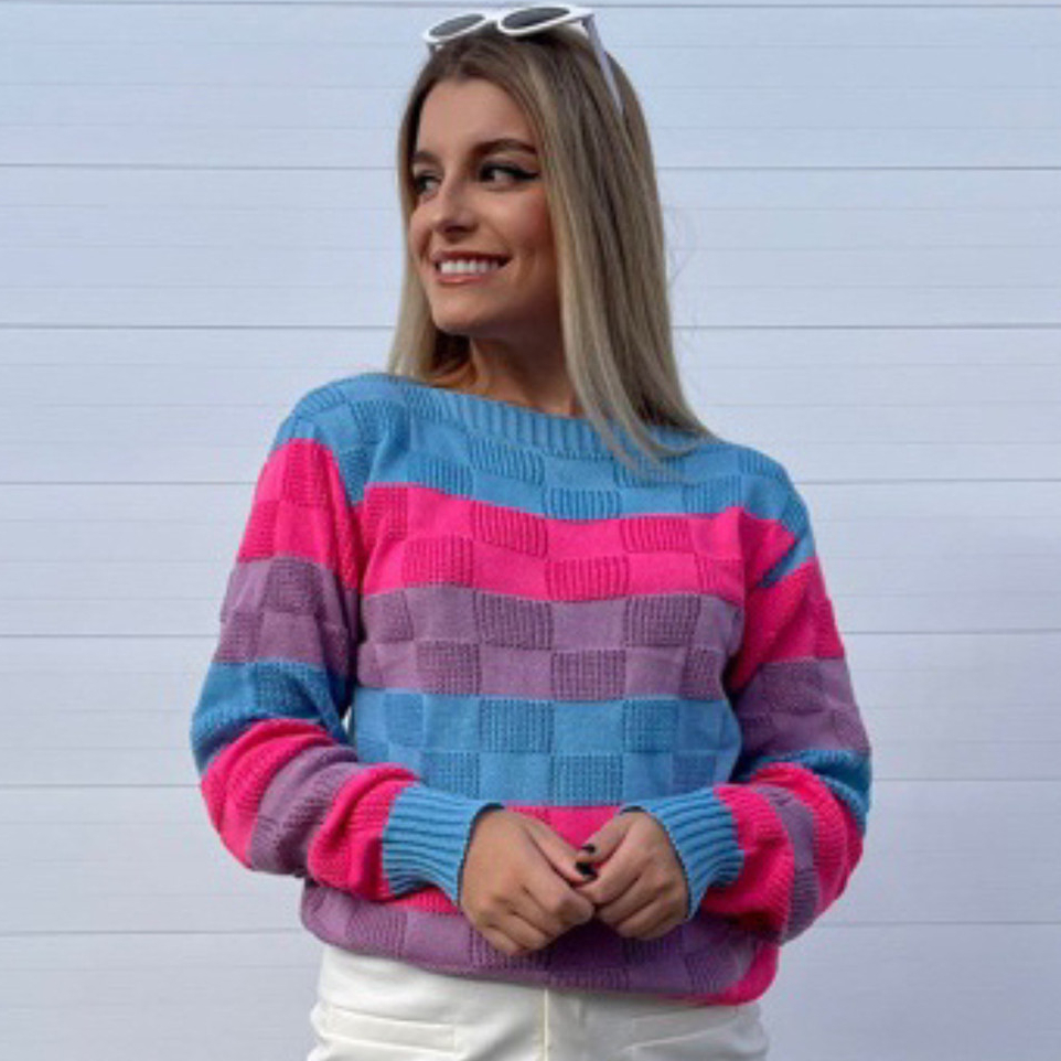 Suéter Feminino em Tricot Confortável Manga Longa Estampa Listrada