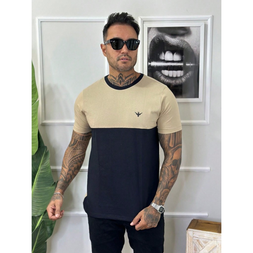 Camiseta Bicolor Masculina Modelagem Slim Diversas Cores 100% Algodão