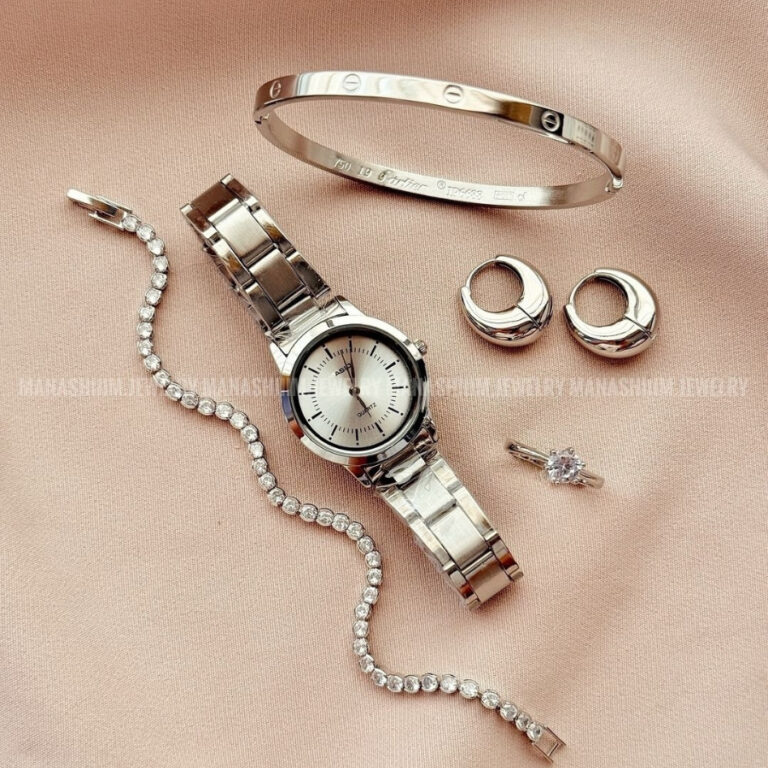 Kit Conjunto Relógio Feminino Prata com Bracelete
