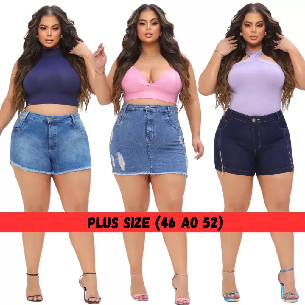 Short Plus Size Cintura Alta Saia E Short Jeans Com Lycra Feminino
