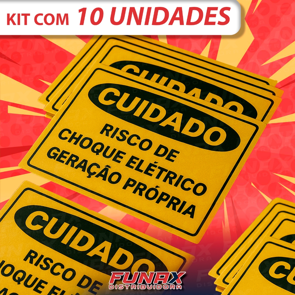 Kit c/ 10 Placas de Aviso Risco De Choque Geração Própria