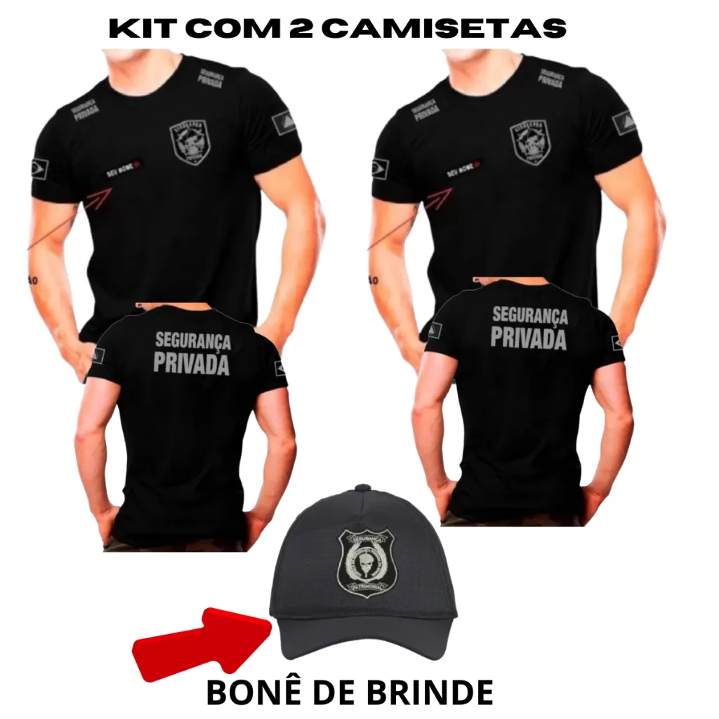 KIT COM 2 CAMISETAS DE ALGODÃO SEGURANÇA PRIVADA MASCULINA COM BONÉ DE BRINDE