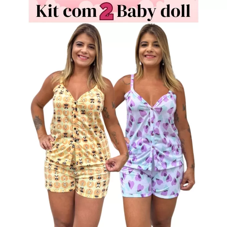 Kit com 2 Pijamas Baby Doll Amamentação Cirúrgi