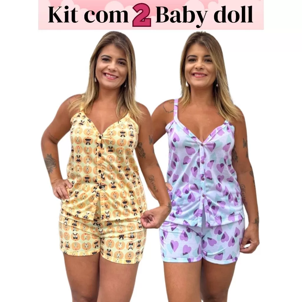 Kit com 2 Pijamas Baby Doll Amamentação Cirúrgico botões Estampas Sortidas em Malha blogueirinha
