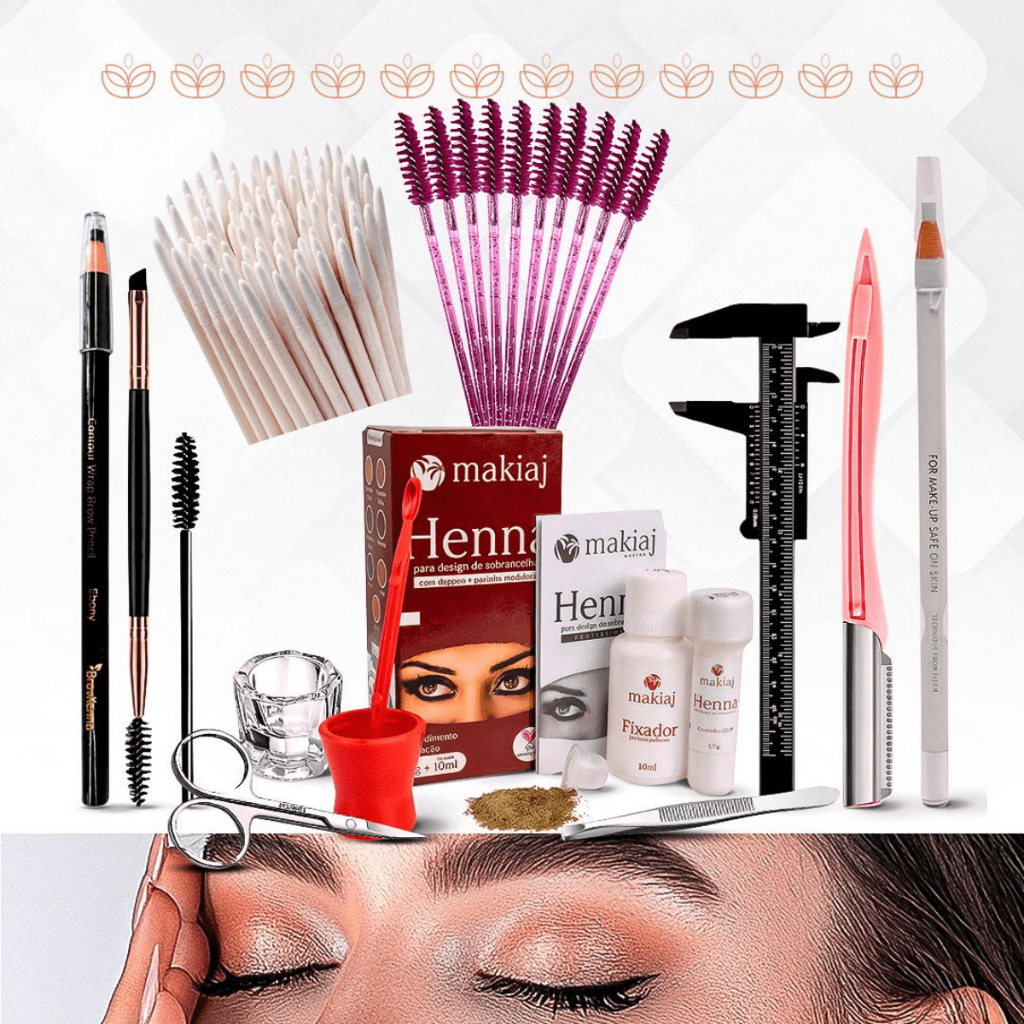 Kit Sobrancelha Henna makiaj + Palito Henna + Navalha + Paquímetro + Tesoura + Pincel + Dappen + Láp