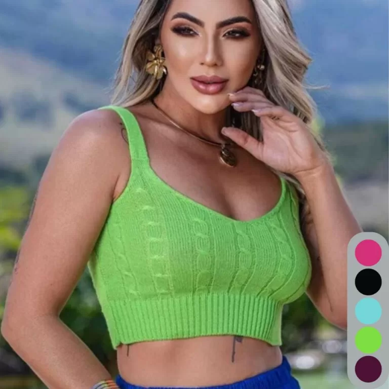 Cropped Tricô Modal Feminino Gola V Tranças Text