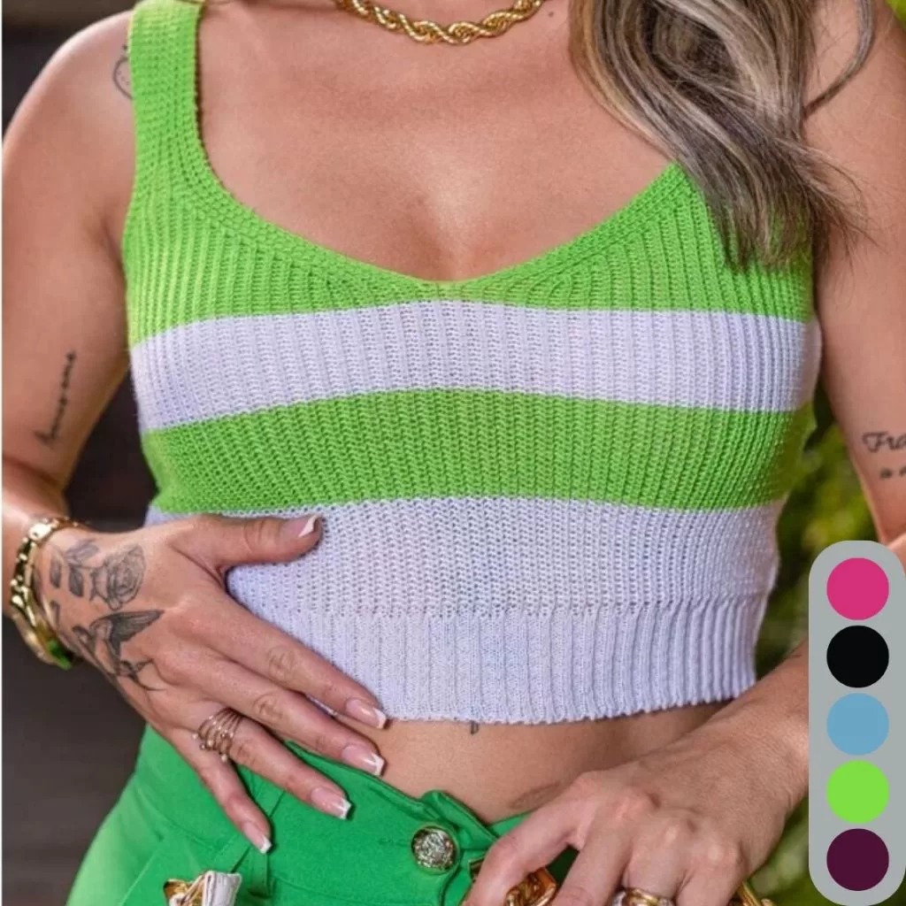 Cropped Feminino Tricot Bicolor Gola V Verão Estiloso Confortável