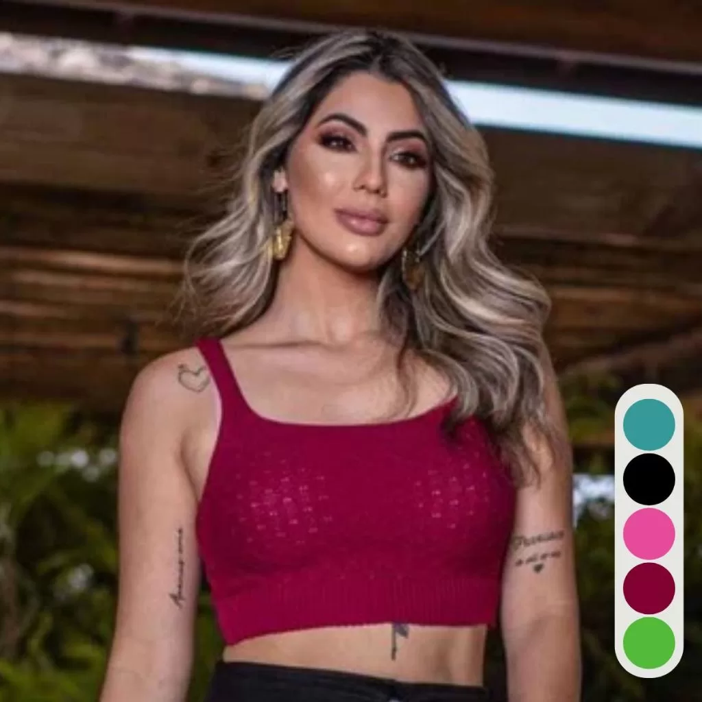 Cropped Tricô Modal Feminino Alça Média Textura Pontilhado Confortável