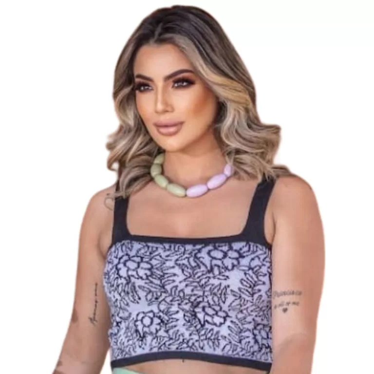 Cropped Tricô Modal Feminino Decote Quadrado Flor