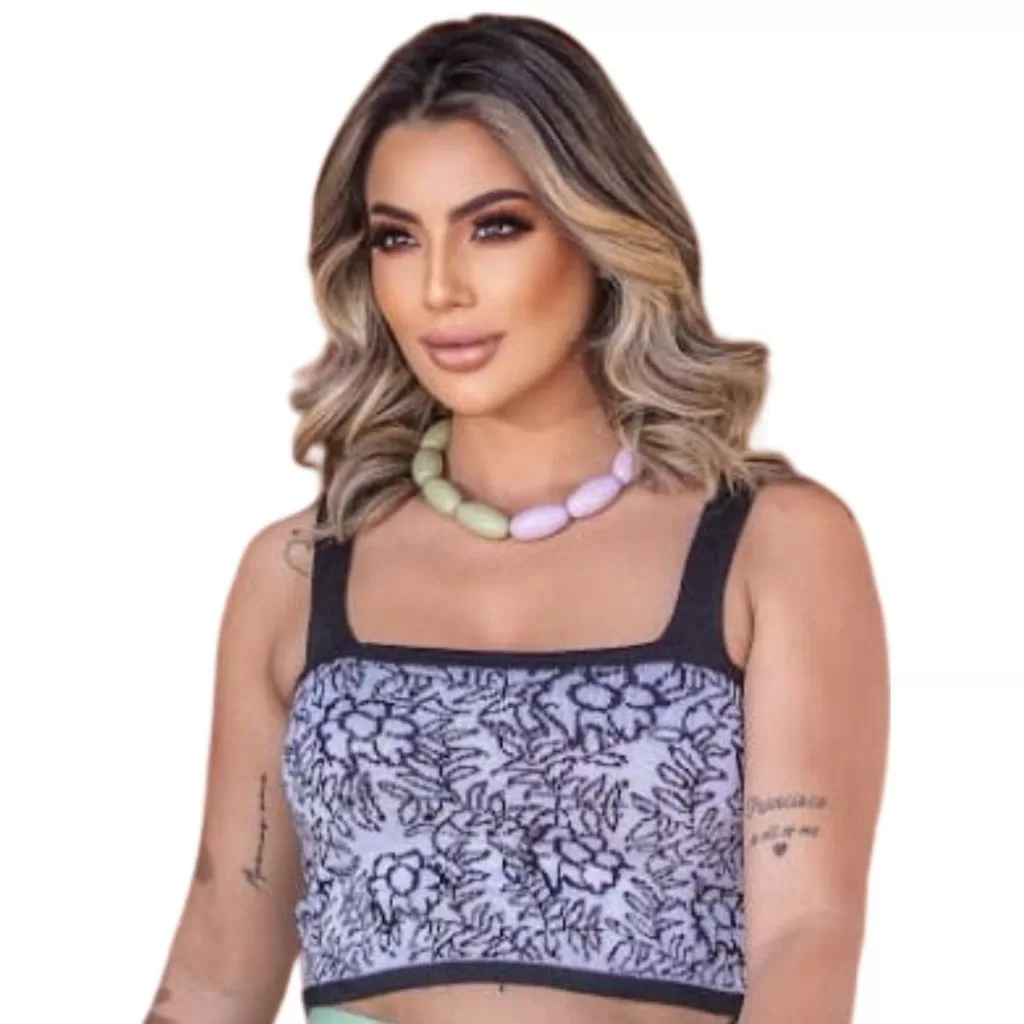 Cropped Tricô Modal Feminino Decote Quadrado Floral Estilo Moderno Casual