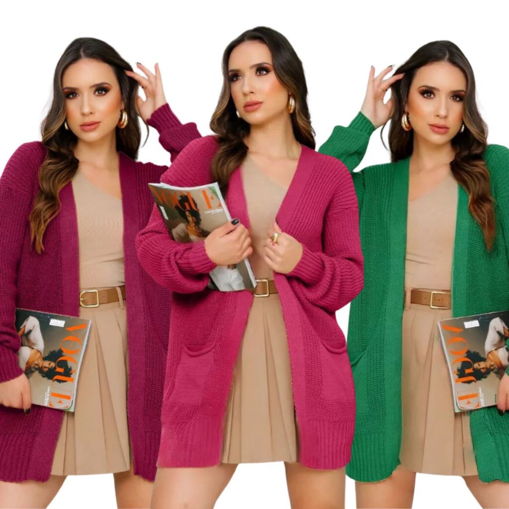 Cardigan Feminino Tricot Blusa Com Bolso Casual Básico Inverno