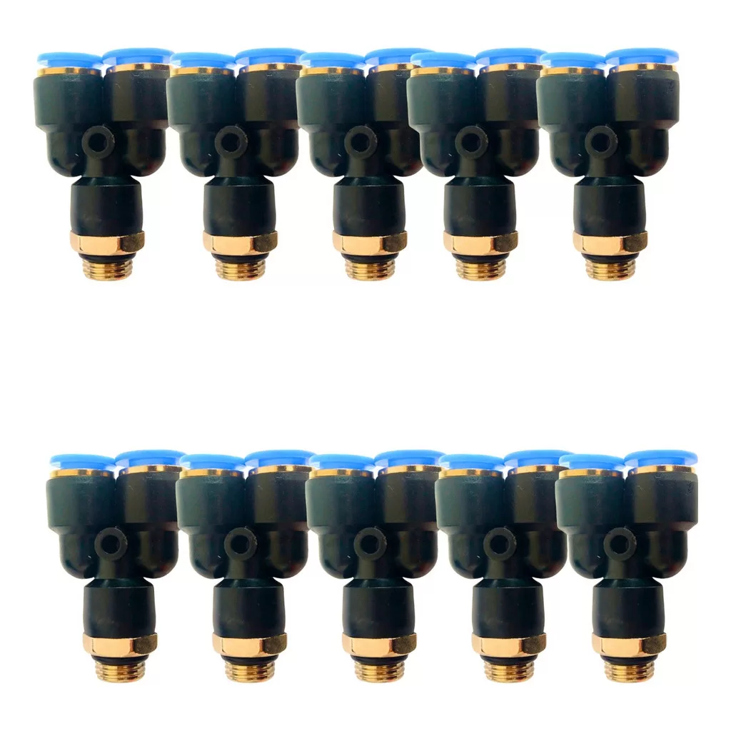 Kit Com 10 Peças Conexão Pneumática Y Rosca 1/4 Bsp X Tubo 8