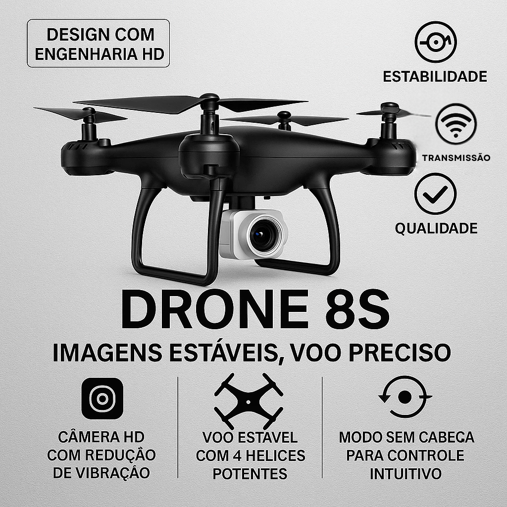 Drone 8S Pro com Câmera 4K FPV Wi-Fi Estável Modo Sem Cabeça Retorno Automático Design Resistente