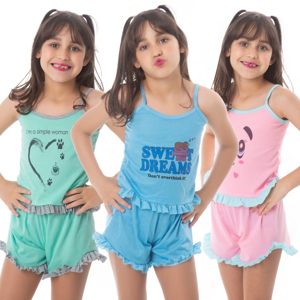 Kit 3 Pijamas INFANTIL MALHA Baby Doll Estampado Personagens Short Doll MALHA Confortável