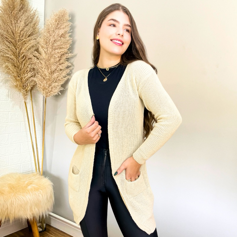 Casaco Cardigan Básico Feminino manga Longa de Tricot com bolso Kimono