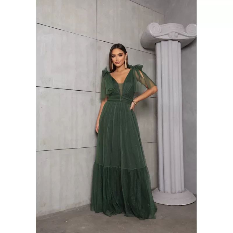 vestido de festa longo madrinha formatura casamento convidada debutante elegante tule verde oliva