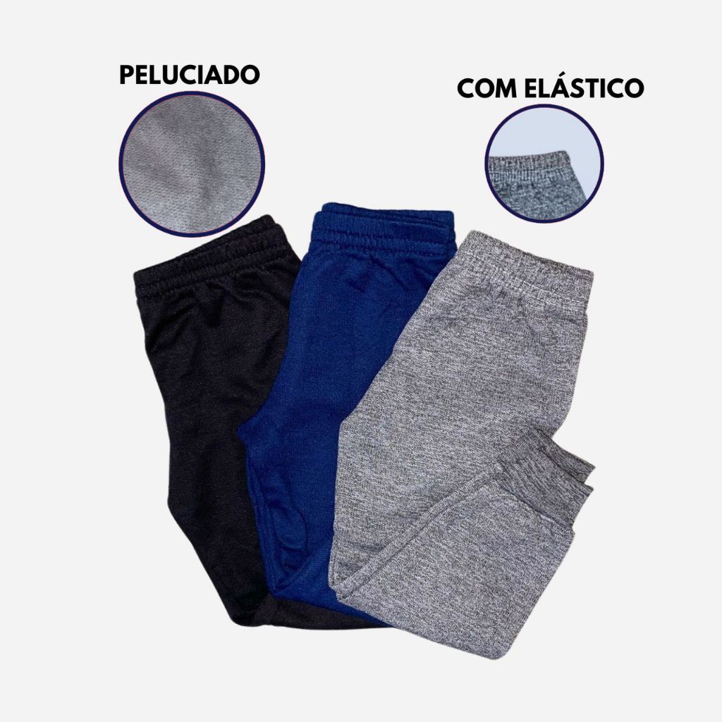 Kit 3 calças unissex infantil juvenil feminina e masculina moletom leve jogger peluciado inverno cas