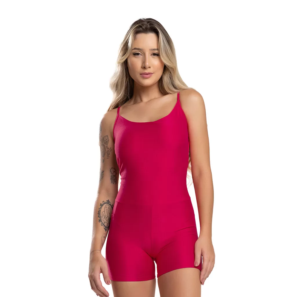 Macaquinho Poliamida Canelado Com Bolsinho Pink Massam Fitness