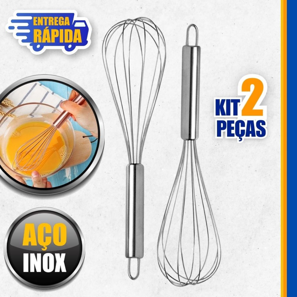 KIT 2 Batedor de Ovo e Massas Em Aço Inox Fouet Fue Profissional Mixer Manual 30cm