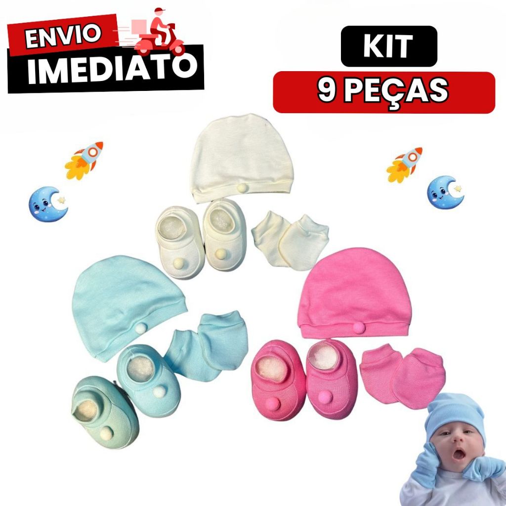Kit 9 Peças Touca Luva e Sapatinho De Bebê 0 À 3 Meses Kit Luxo Premium