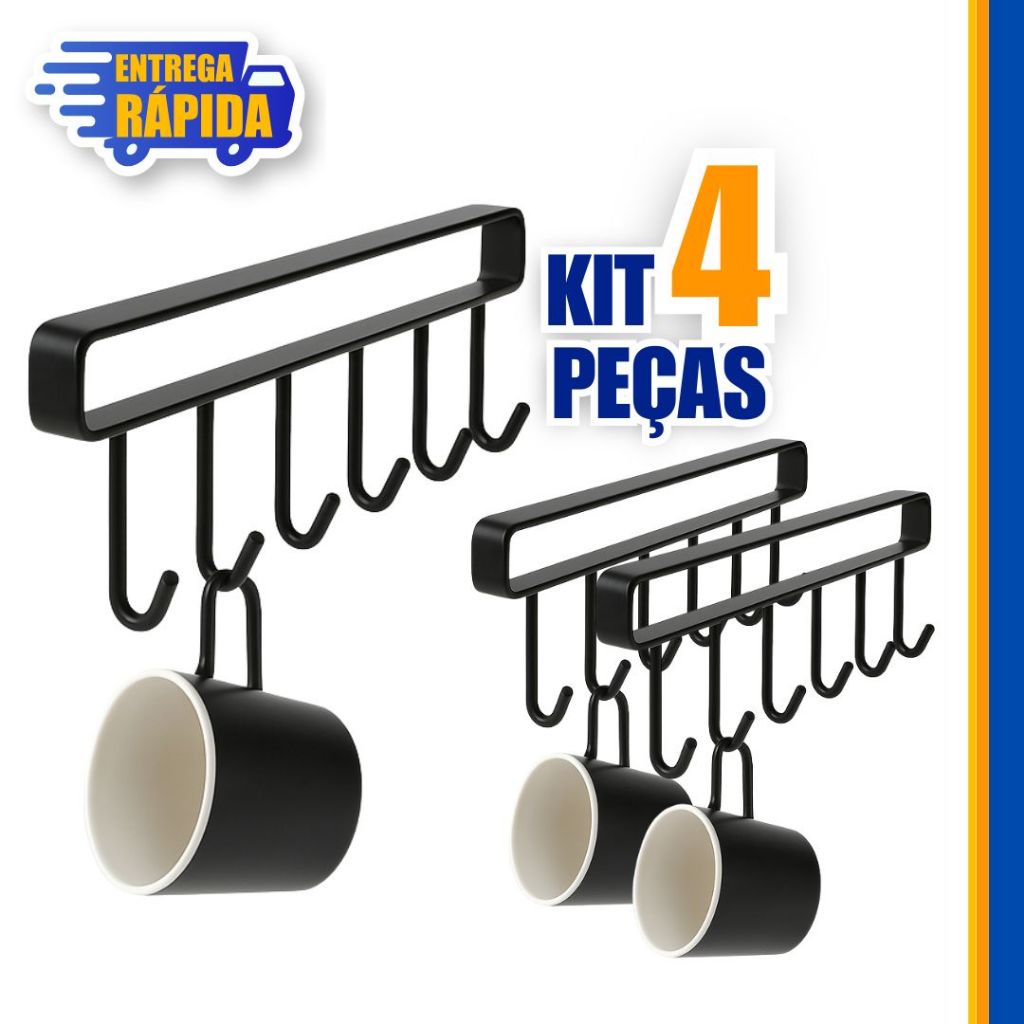 4 Suporte De Metal Porta Xícaras Canecas Utensílios Em Geral Para Pendurar No Armário