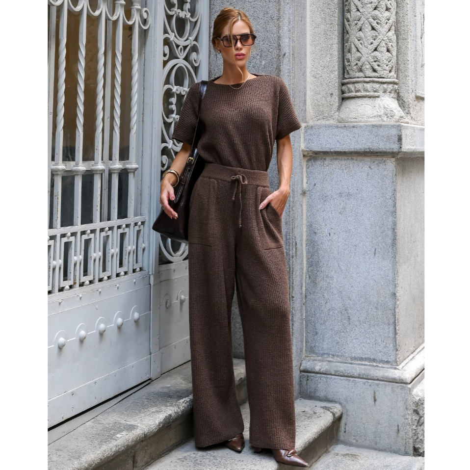 Conjunto feminino tricot mousse lanzinha calça pantalona e blusa tricô premium
