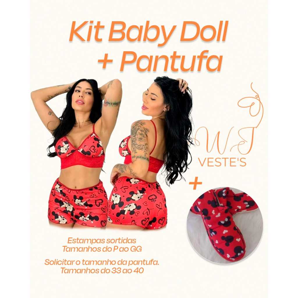 Kit Conforto Baby Doll + Pantufa Adulto Feminino Estampa Personagens