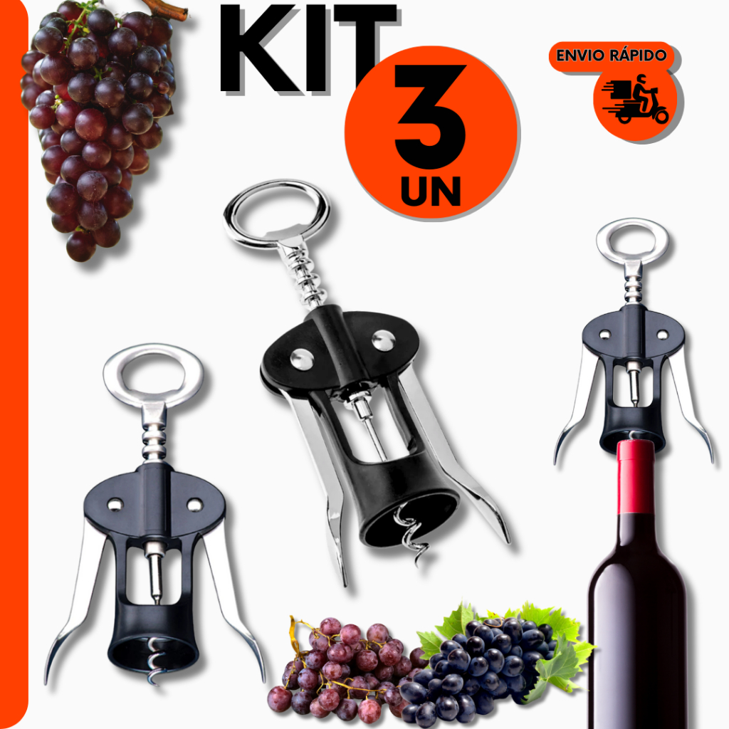 Kit Saca Rolha c/ Abridor de Latas Tipo Borboleta Linha Premium p/ Cozinha Restaurante e Bar de Luxo