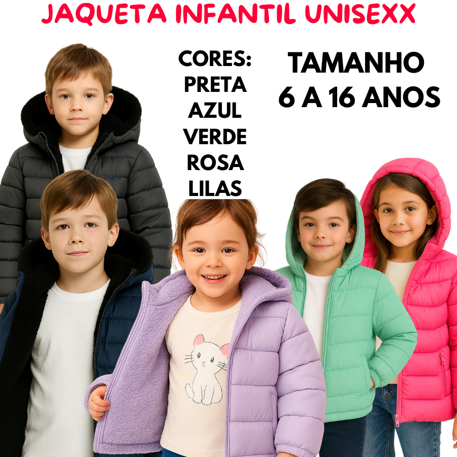 Jaqueta Infantil Juvenil Puffer Forrada Pelúcia COM Capuz BLUSA DE Frio 4 a 18 ANOS UNISEXX VERMELHA