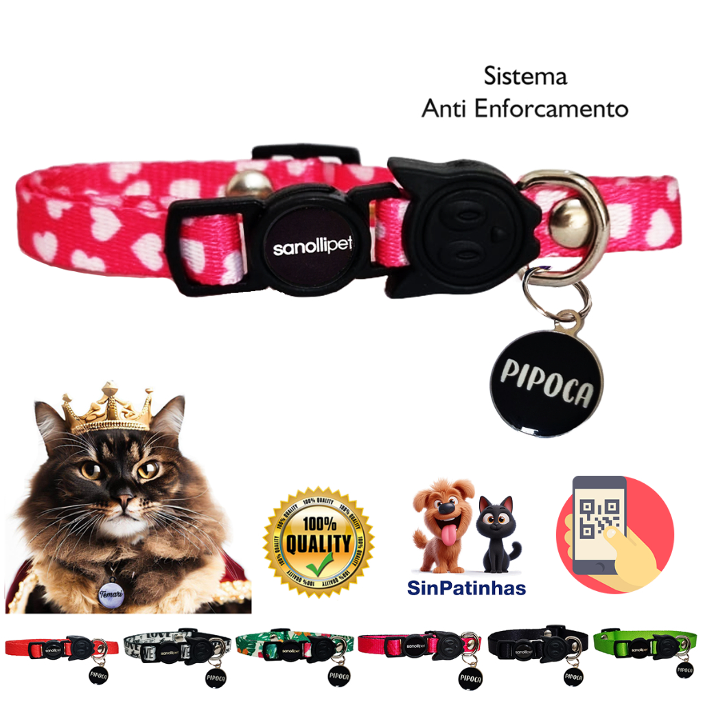 Coleira De Gato Com Sistema Anti Enforcamento Mais Plaquinha Com Nome E Telefone Azul Luxo