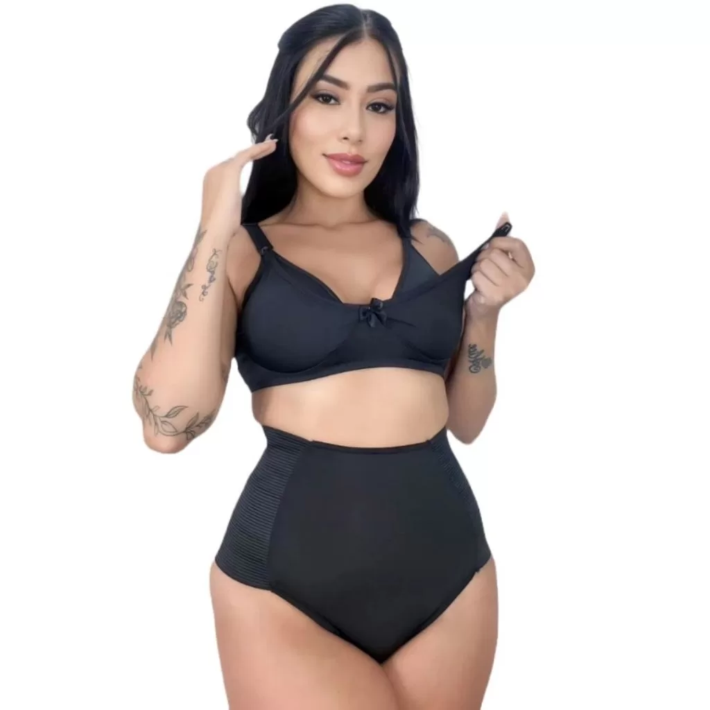 KIT 5 Sutiã Amamentação Sem Bojo + Calcinha Compressora Pós-Parto cós alto recomendada pelos médicos