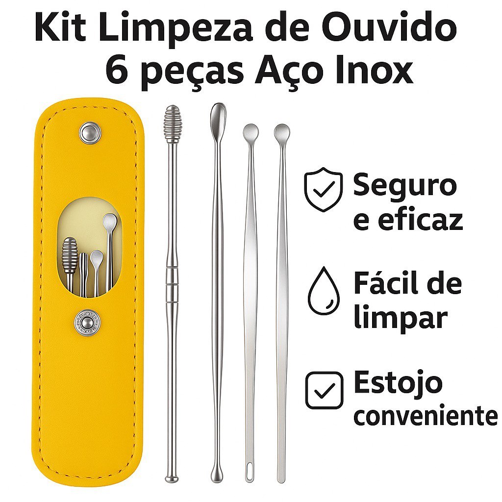 Kit Limpeza Cera de Ouvido Premium 6 peças Portátil Aço Inox com Estojo Limpeza Segura