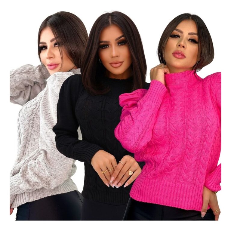 Kit 3 Blusa Feminina Tricot Frio Inverno Manga Lon