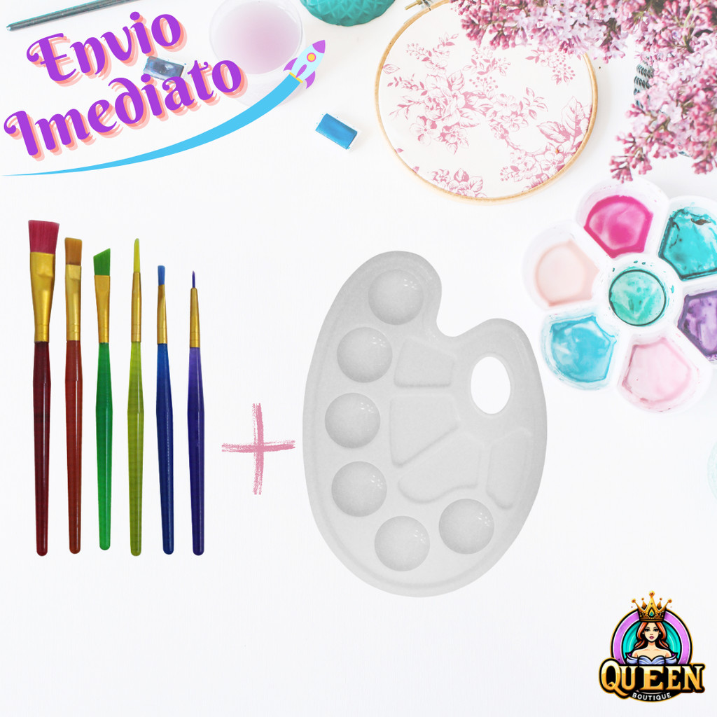 Kit Criativo Pincel Artístico Ponta Reta / Arredondado Com 6 Peças + Bandeja Paleta Para Pintura