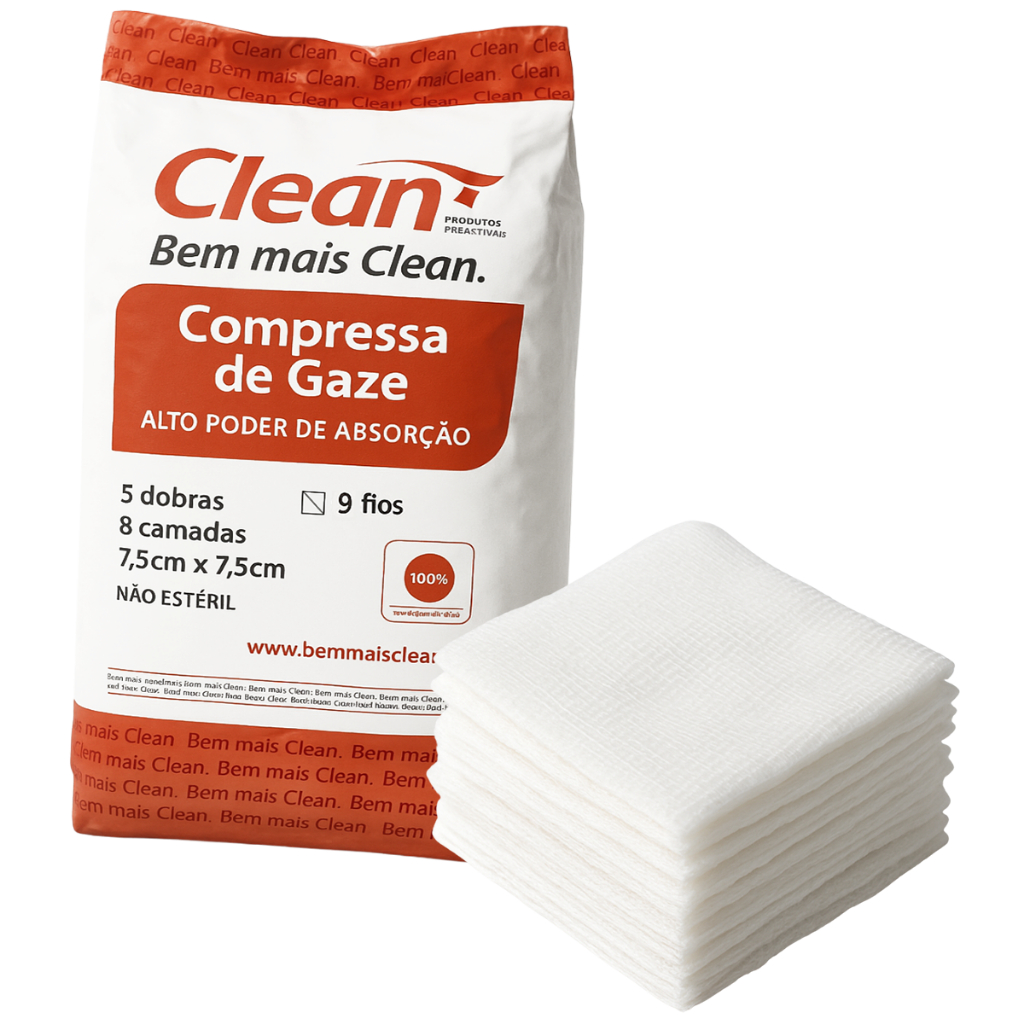 Compressa de Gaze 9 Fios 7,5×7,5cm 180g Algodão Pacote Curativo Hidrófila Clean Não Estéril