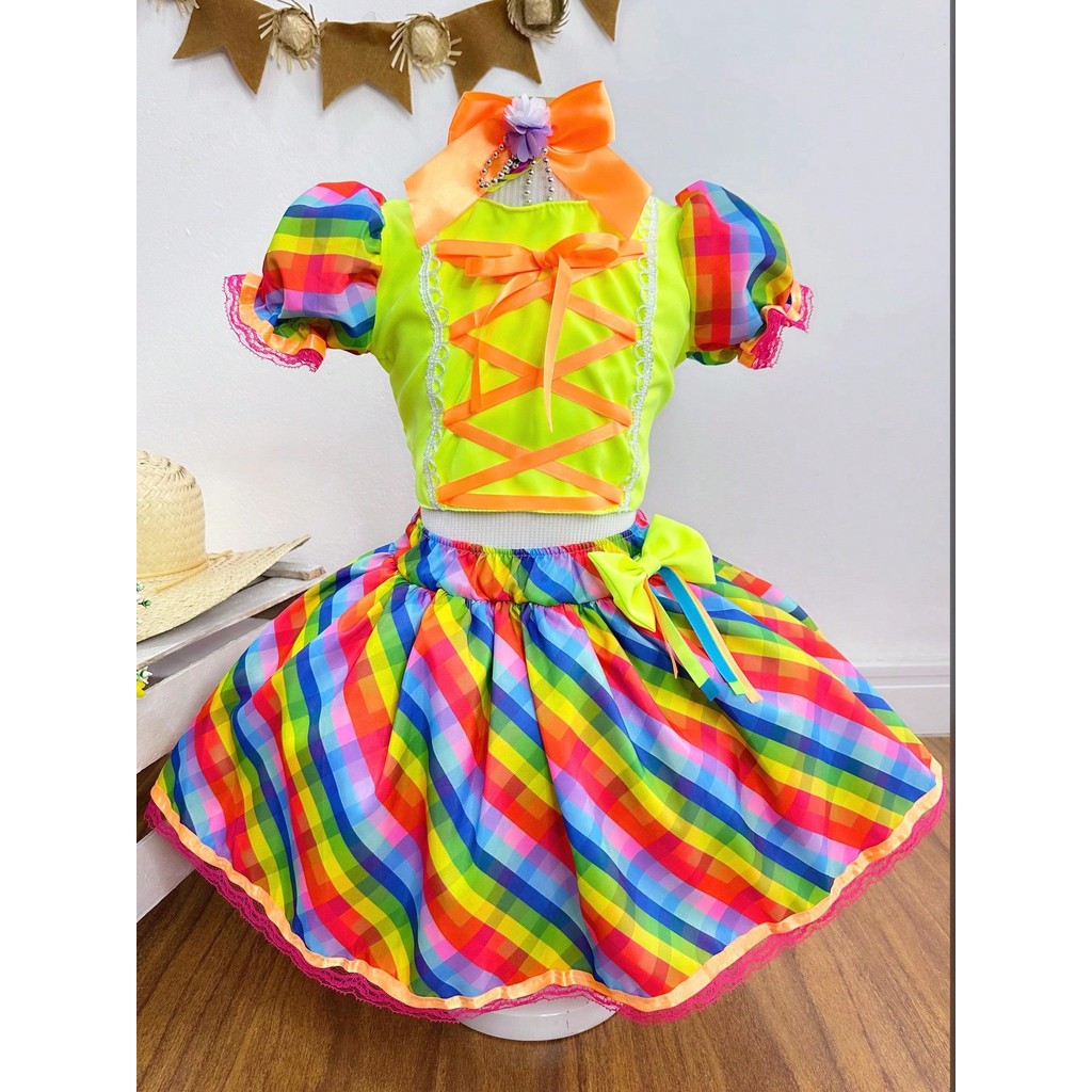 Conjunto Xadrez Infantil Amarelo Neon Festa Junina Arraiá Quadrilha Caipira Sinhá São João Juvenil